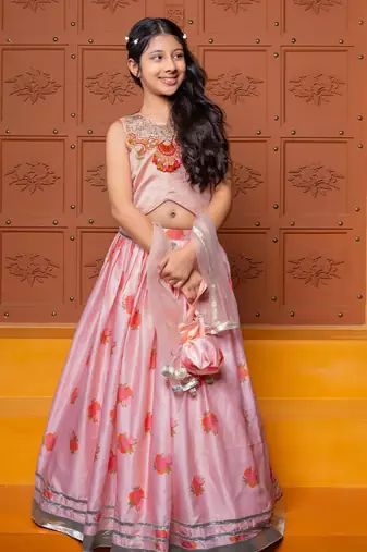 Pink embroidered chanderi silk lehenga set