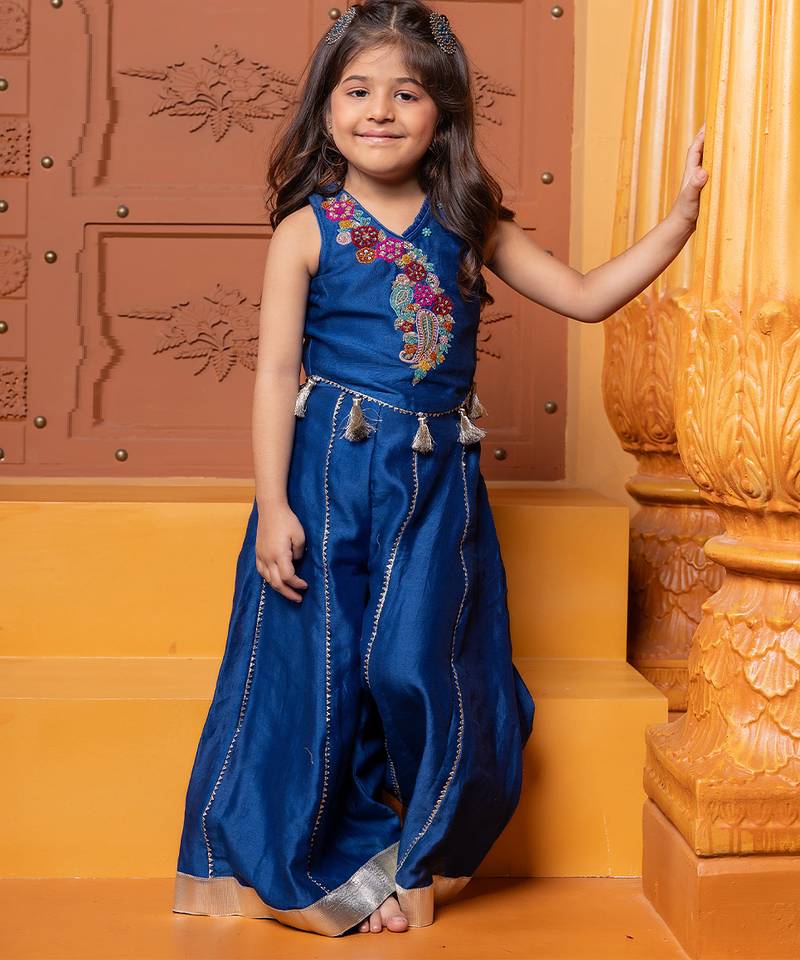 Blue embroidered chanderi silk co ord set