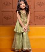 Green embroidered tissue kurta set