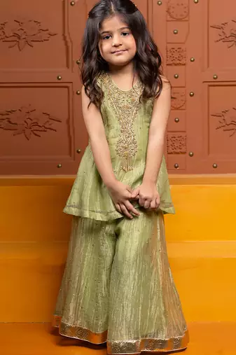 Green embroidered tissue kurta set