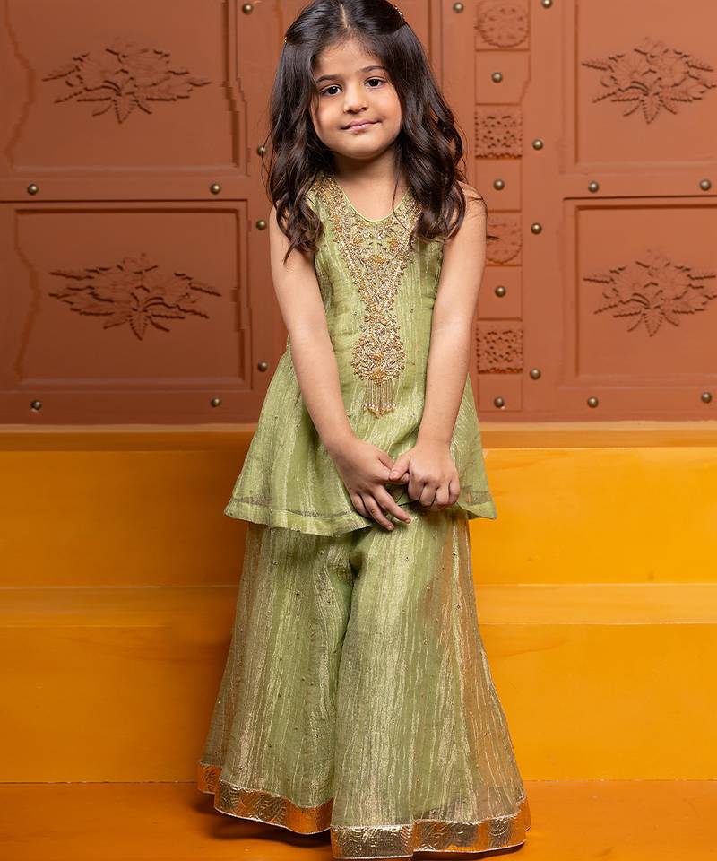 Green embroidered tissue kurta set