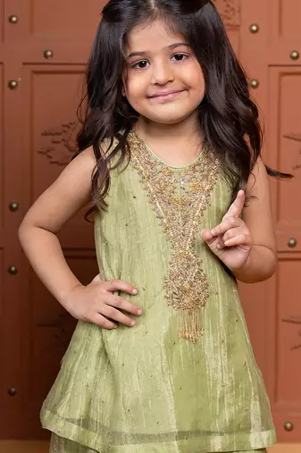 Green embroidered tissue kurta set