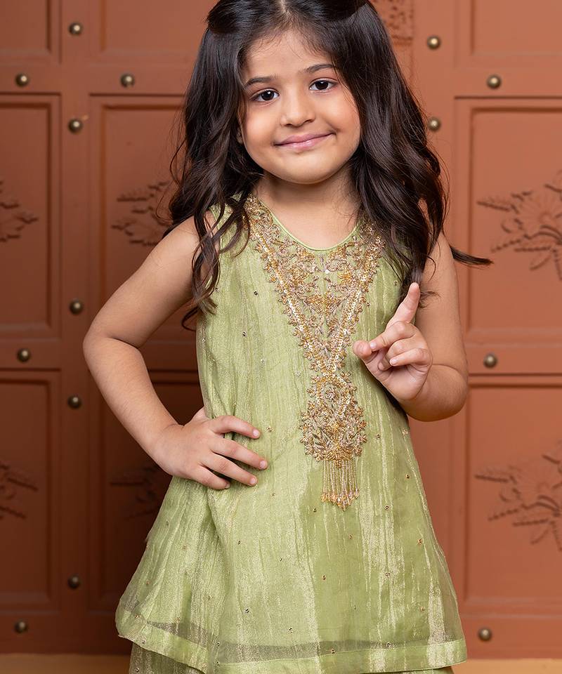 Green embroidered tissue kurta set