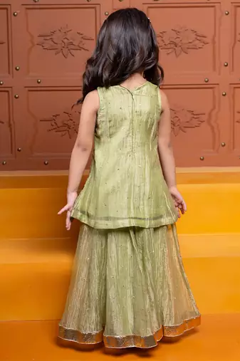 Green embroidered tissue kurta set