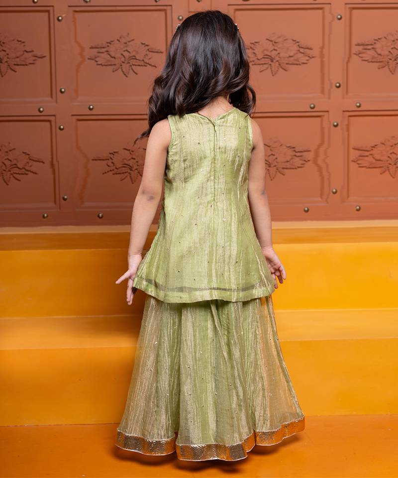 Green embroidered tissue kurta set