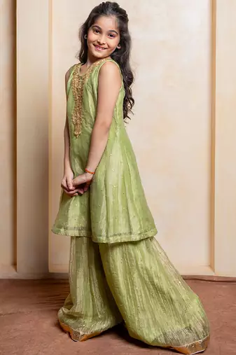 Green embroidered tissue kurta set