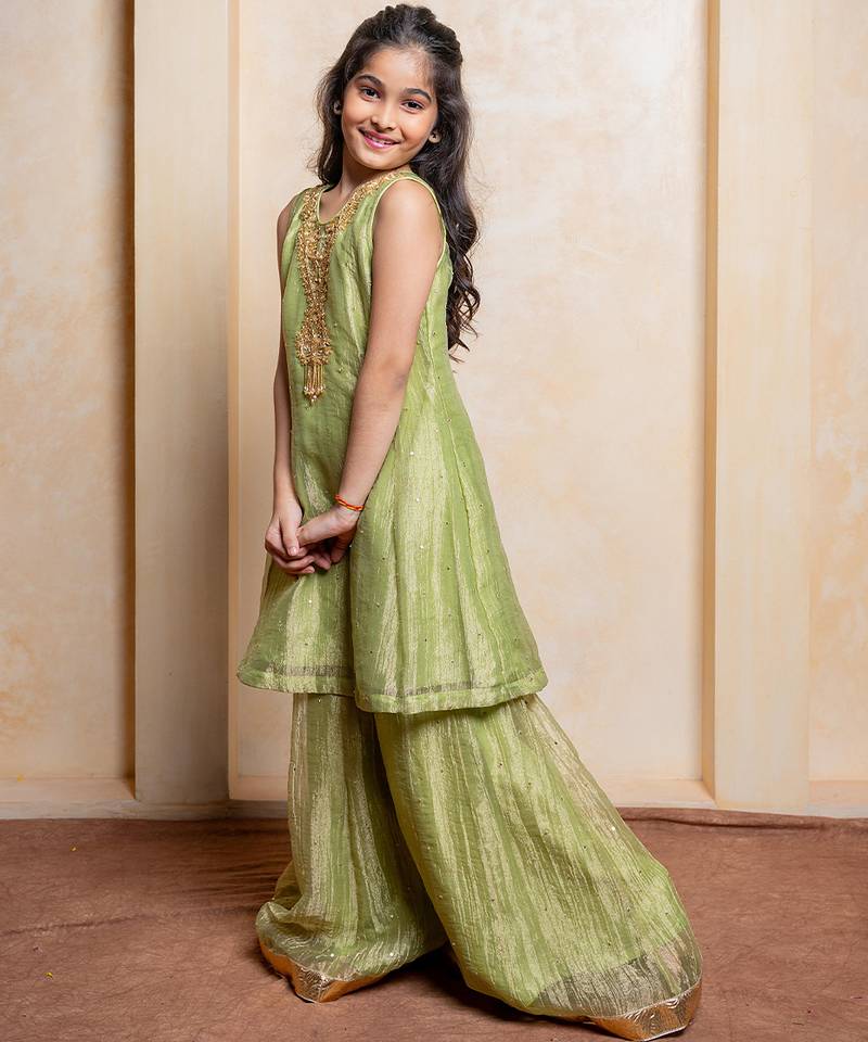 Green embroidered tissue kurta set