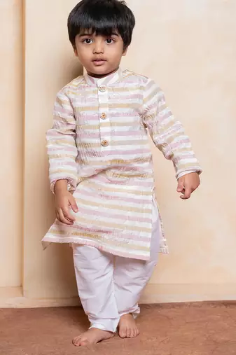 Off white printed cotton silk kurta pyjama