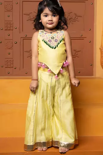 Yellow embroidered chanderi silk co ord set