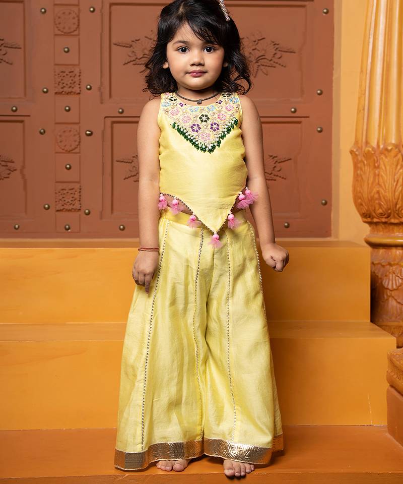 Yellow embroidered chanderi silk co ord set