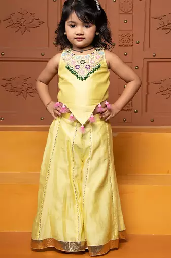 Yellow embroidered chanderi silk co ord set