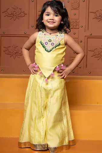 Yellow embroidered chanderi silk co ord set