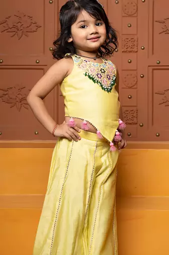 Yellow embroidered chanderi silk co ord set