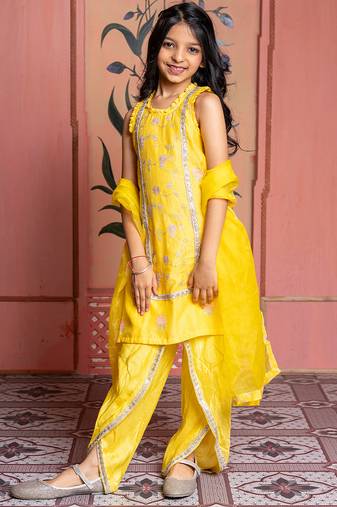 Yellow embroidered chanderi kurta set