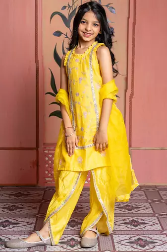 Yellow embroidered chanderi kurta set