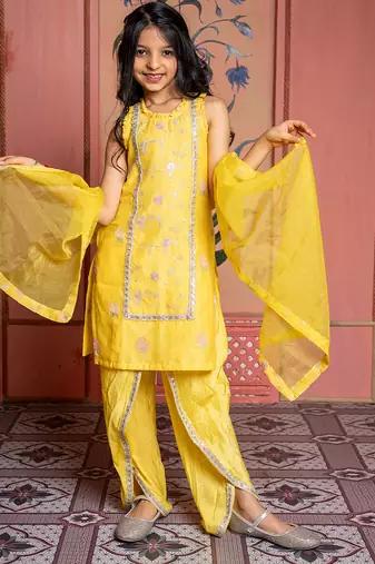 Yellow embroidered chanderi kurta set