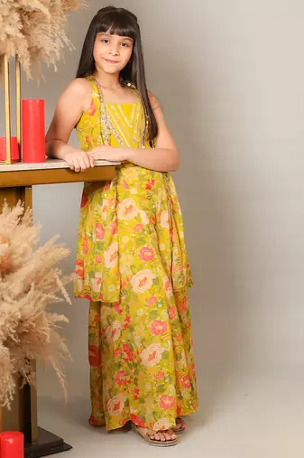 Yellow printed crepe co ord set
