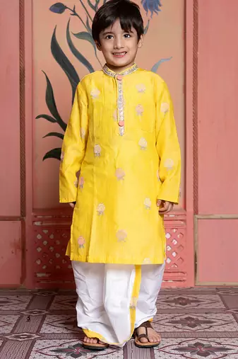 Yellow embroidered chanderi kurta pyjama