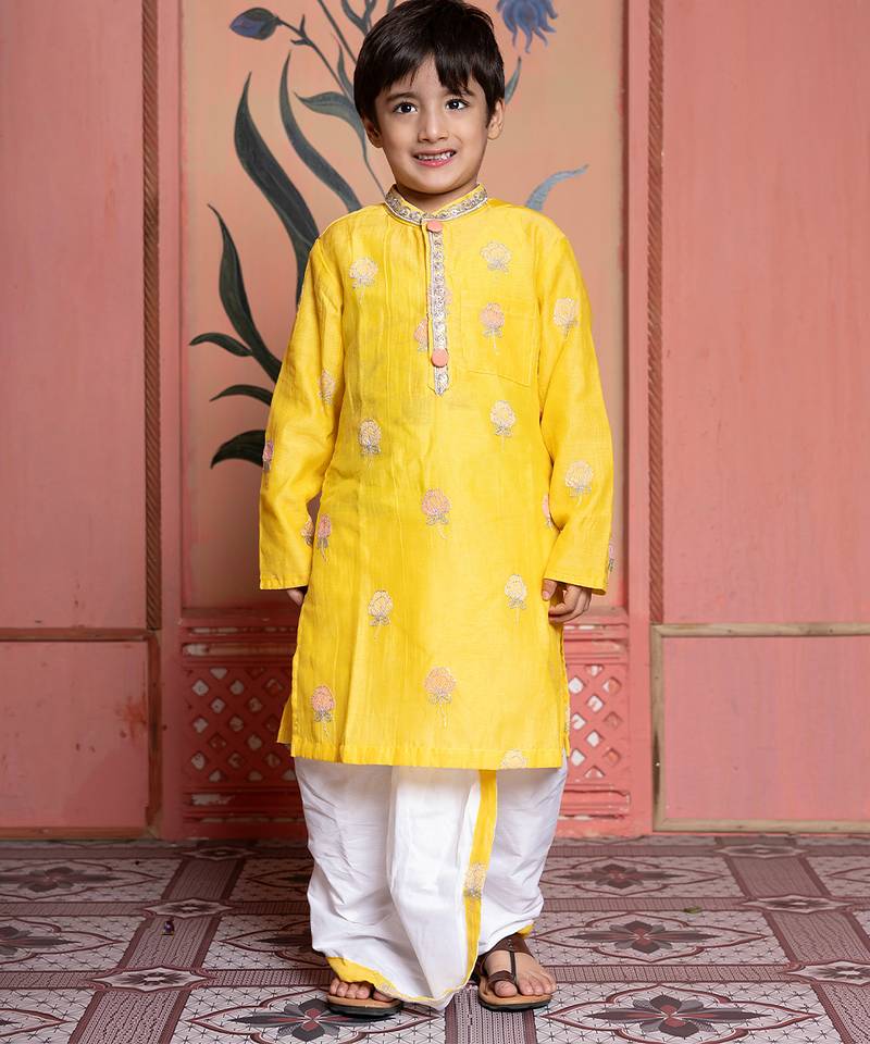Yellow embroidered chanderi kurta pyjama