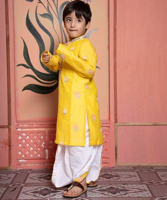 Yellow embroidered chanderi kurta pyjama 2