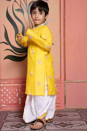 Yellow embroidered chanderi kurta pyjama