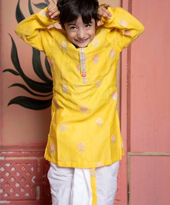 Yellow embroidered chanderi kurta pyjama 3