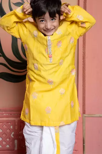 Yellow embroidered chanderi kurta pyjama