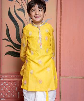 Yellow embroidered chanderi kurta pyjama 4