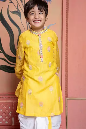 Yellow embroidered chanderi kurta pyjama