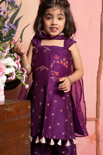 Purple embroidered silk kurta set