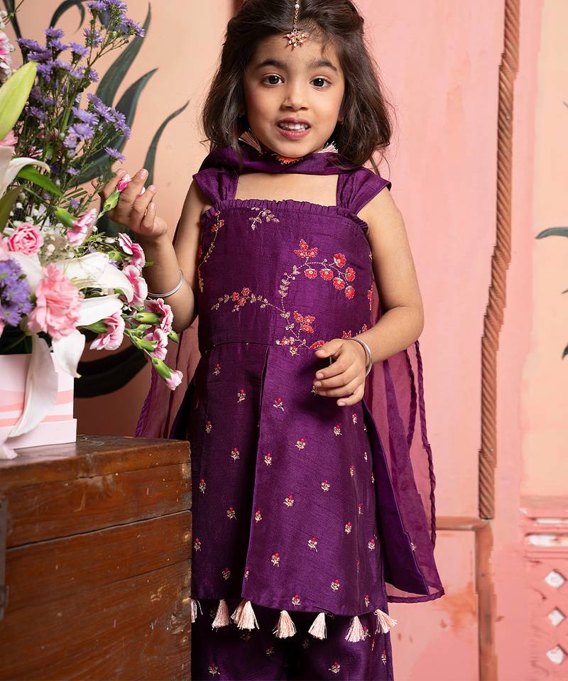 Purple embroidered silk kurta set