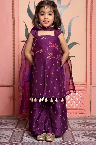 Purple embroidered silk kurta set