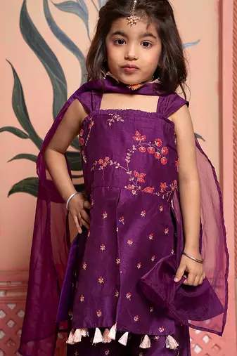 Purple embroidered silk kurta set