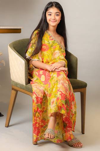 Yellow printed crepe co ord set