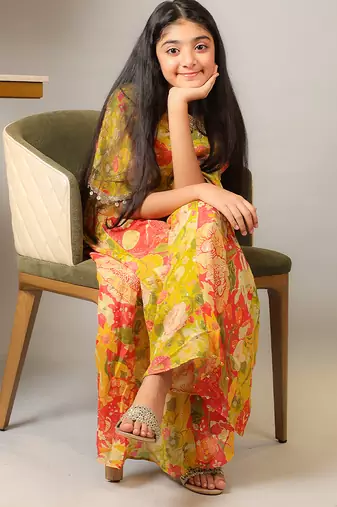 Yellow printed crepe co ord set