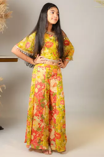 Yellow printed crepe co ord set