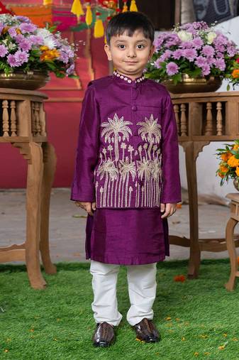 Purple embroidered silk nehru jacket set