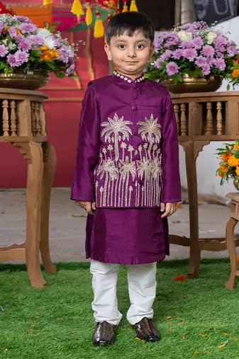 Purple embroidered silk nehru jacket set