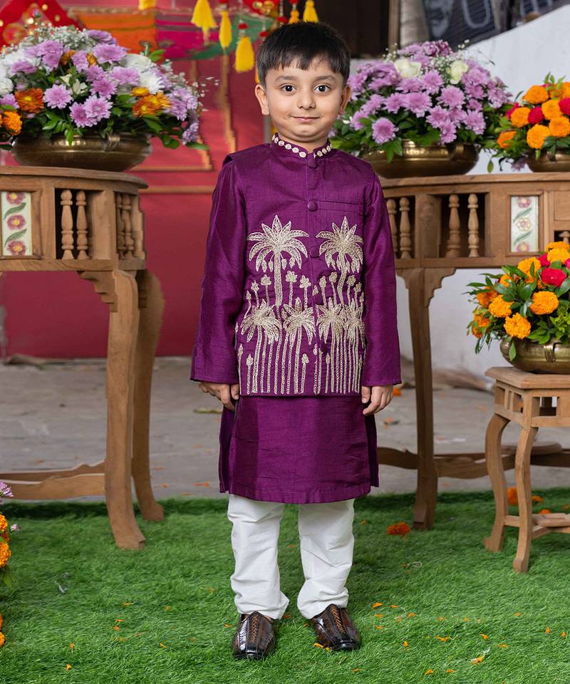 Purple embroidered silk nehru jacket set