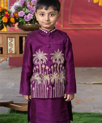 Purple embroidered silk nehru jacket set 2