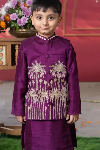 Purple embroidered silk nehru jacket set