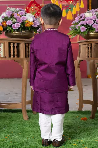 Purple embroidered silk nehru jacket set