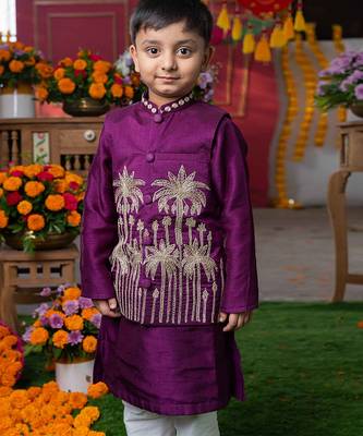 Purple embroidered silk nehru jacket set 4