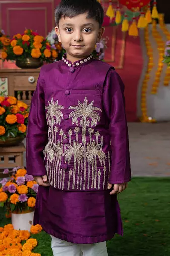 Purple embroidered silk nehru jacket set