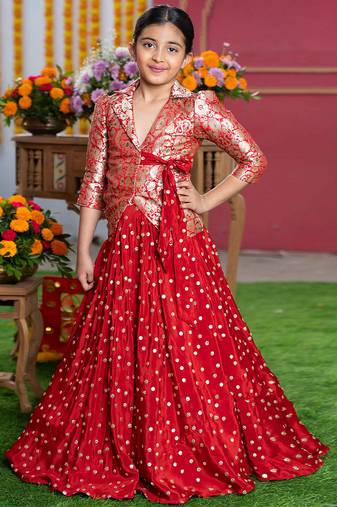 Red embroidered crepe lehenga set