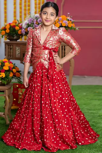 Red embroidered crepe lehenga set