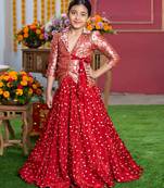 Red embroidered crepe lehenga set