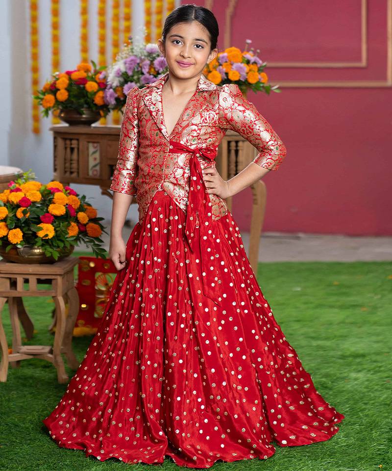 Red embroidered crepe lehenga set