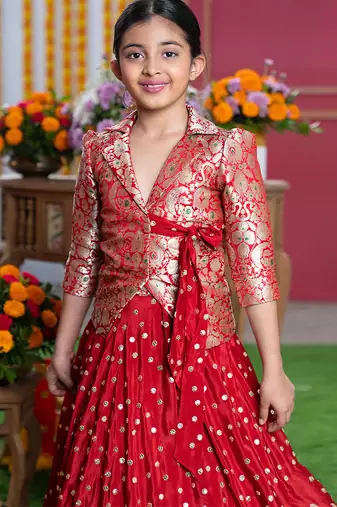 Red embroidered crepe lehenga set