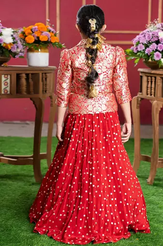 Red embroidered crepe lehenga set